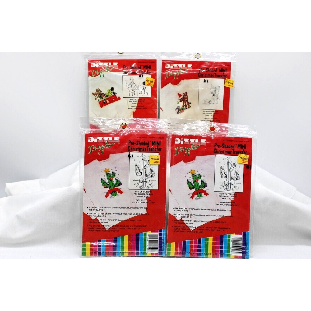 Pre-Shaded Christmas Transfers Lot Of 4 NEW DIZZLE Cactus Reindeer Bunny VTG NEW - Picture 1 of 9